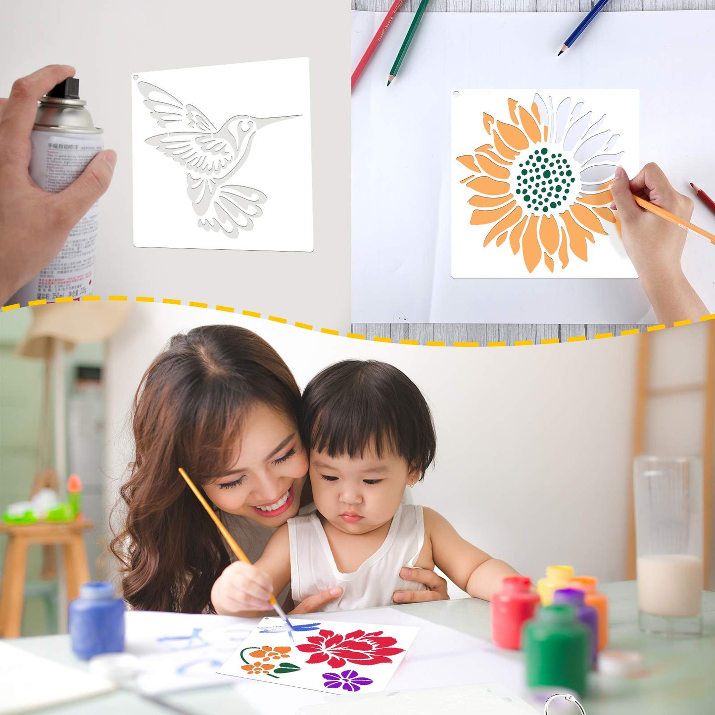 16 Pieces Stencil for Painting Sunflower Butterfly Floral Stencil Spring Summer Large Reusable Hummingbird Painting Templates and Metal Open Ring for DIY Craft on Wood Wall Home Decor(5.1 x 5.1 Inch)
