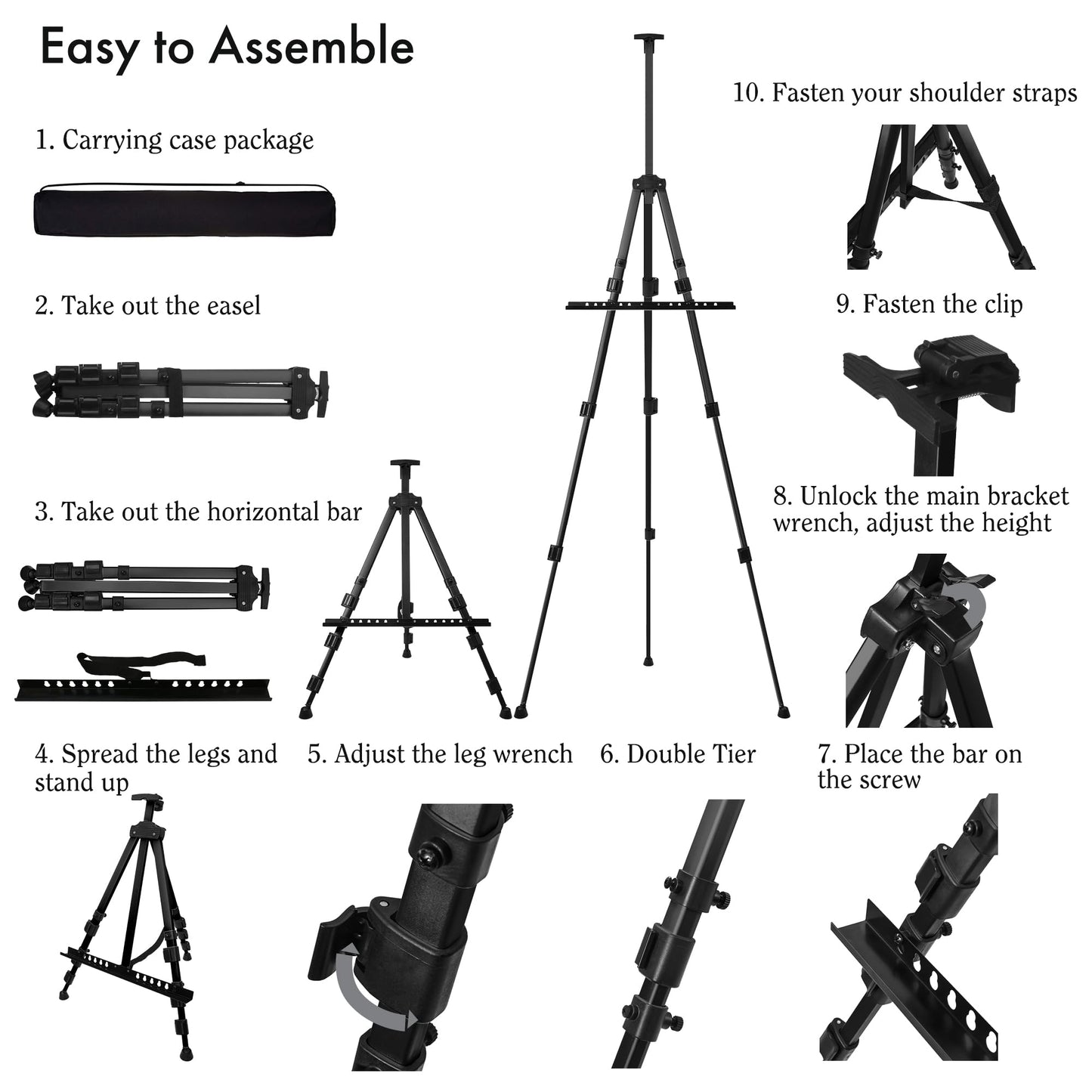 Easel for Painting, Double-Tier Easel Stand, Adjustable Height from 22-66 Inches, Tripod for Painting and Display with Carrying Bag, 66 Inches, Black