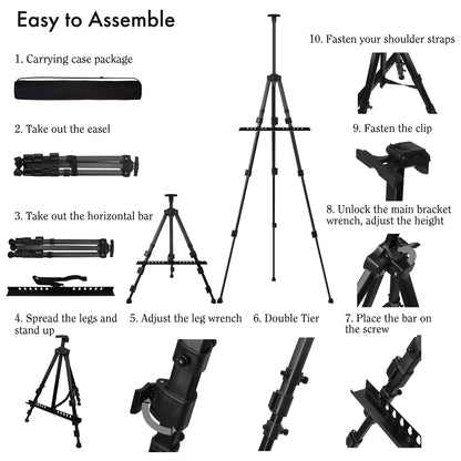 Easel for Painting, Double-Tier Easel Stand, Adjustable Height from 22-66 Inches, Tripod for Painting and Display with Carrying Bag, 66 Inches, Black