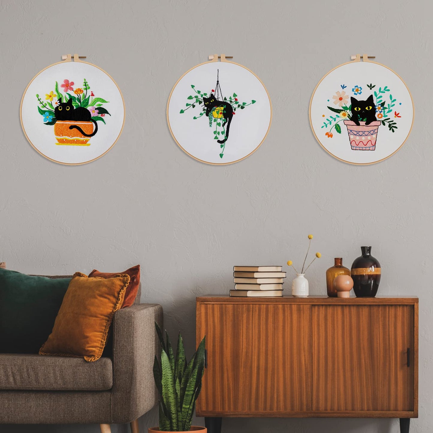 3 Sets Cute Cat Embroidery Kit for Adults Beginners, Stamped Cross Stitch Starter Kits Include Needlepoint Cloth Hoops Needles Threads and Instruction