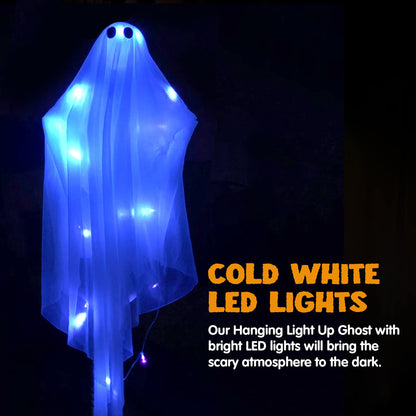 Halloween Hanging Light up Ghost with Spooky Blue LED Light, 47” White Ghosts Halloween Hanging Decoration for Front Yard Patio Lawn Garden Party Decor Indoor Outdoor