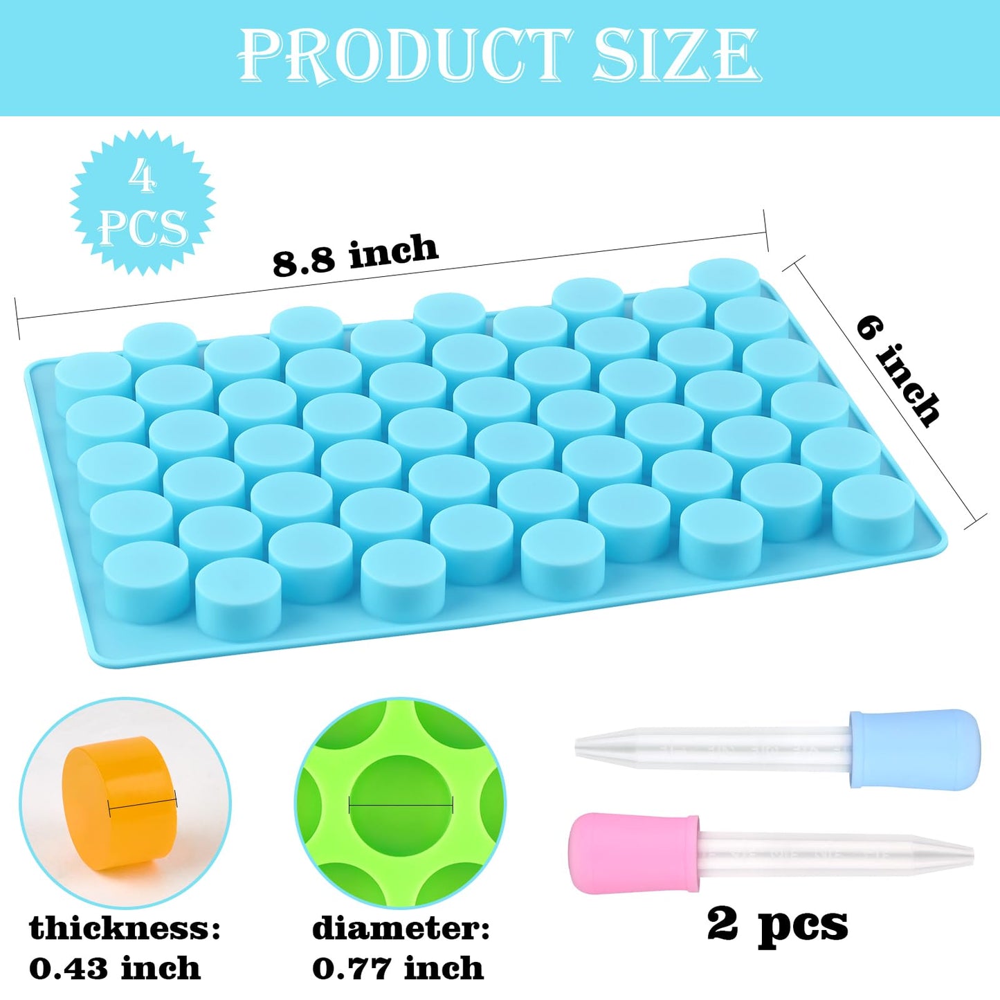 Round Candy Molds Silicone, 220 Cavities Mini Cylinder Molds for Chocolate, Hard Candy, Gummy, Ganache, Ice Cubes, Set of 4 with 2 Droppers