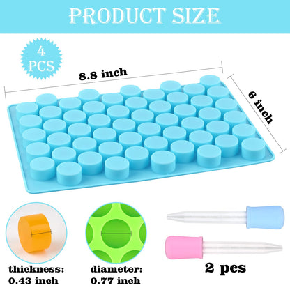 Round Candy Molds Silicone, 220 Cavities Mini Cylinder Molds for Chocolate, Hard Candy, Gummy, Ganache, Ice Cubes, Set of 4 with 2 Droppers