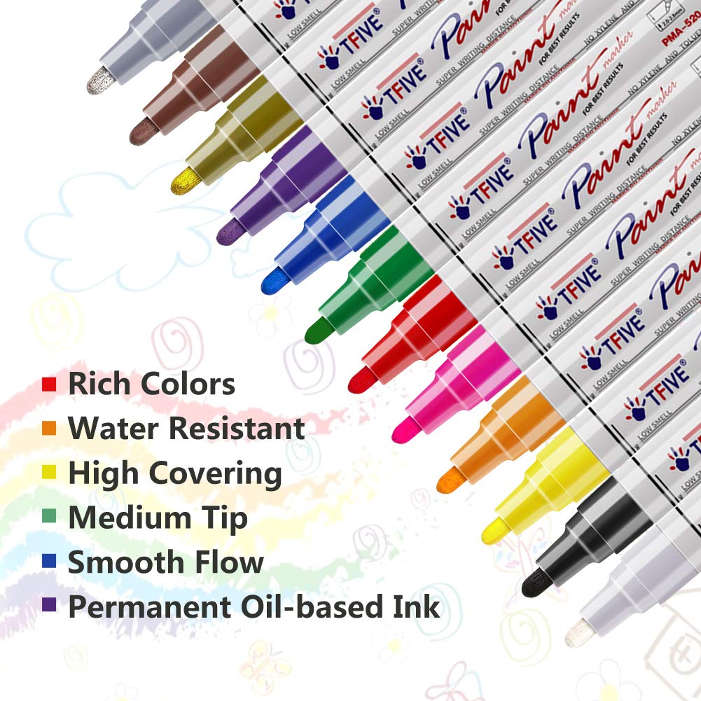 Paint Pens Paint Markers Never Fade Quick Dry and Permanent, 12 Color Oil-Based Waterproof Marker Pen Set for Rock Painting, Ceramic, Wood, Fabric, Plastic, Canvas, Glass, Mugs