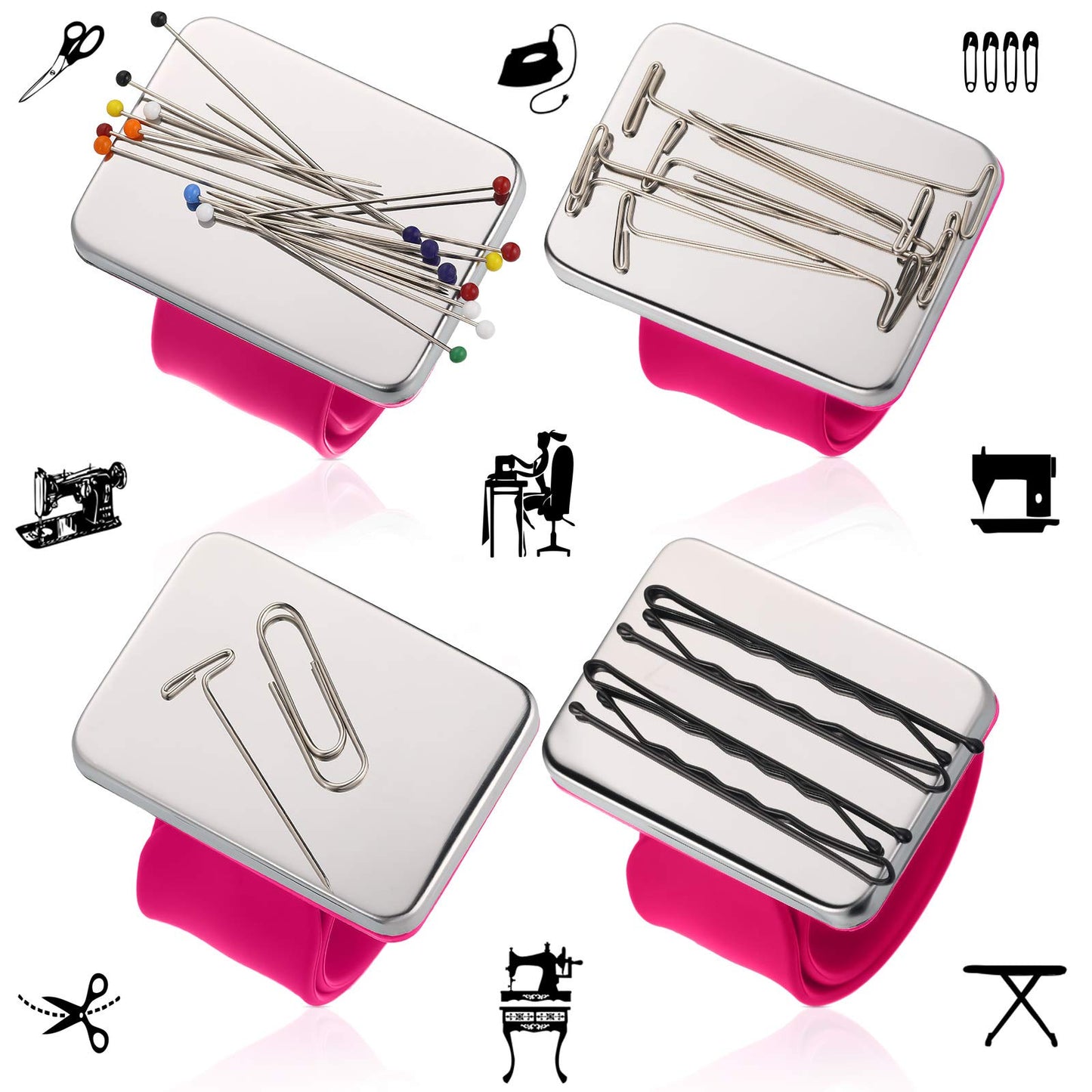 Magnetic Wrist Sewing Pincushion with 100 Pieces 1.5 Inch Ball Head Sewing Pins Set Wrist Magnetic Pin Holder Gift Supplies(Rose Red)