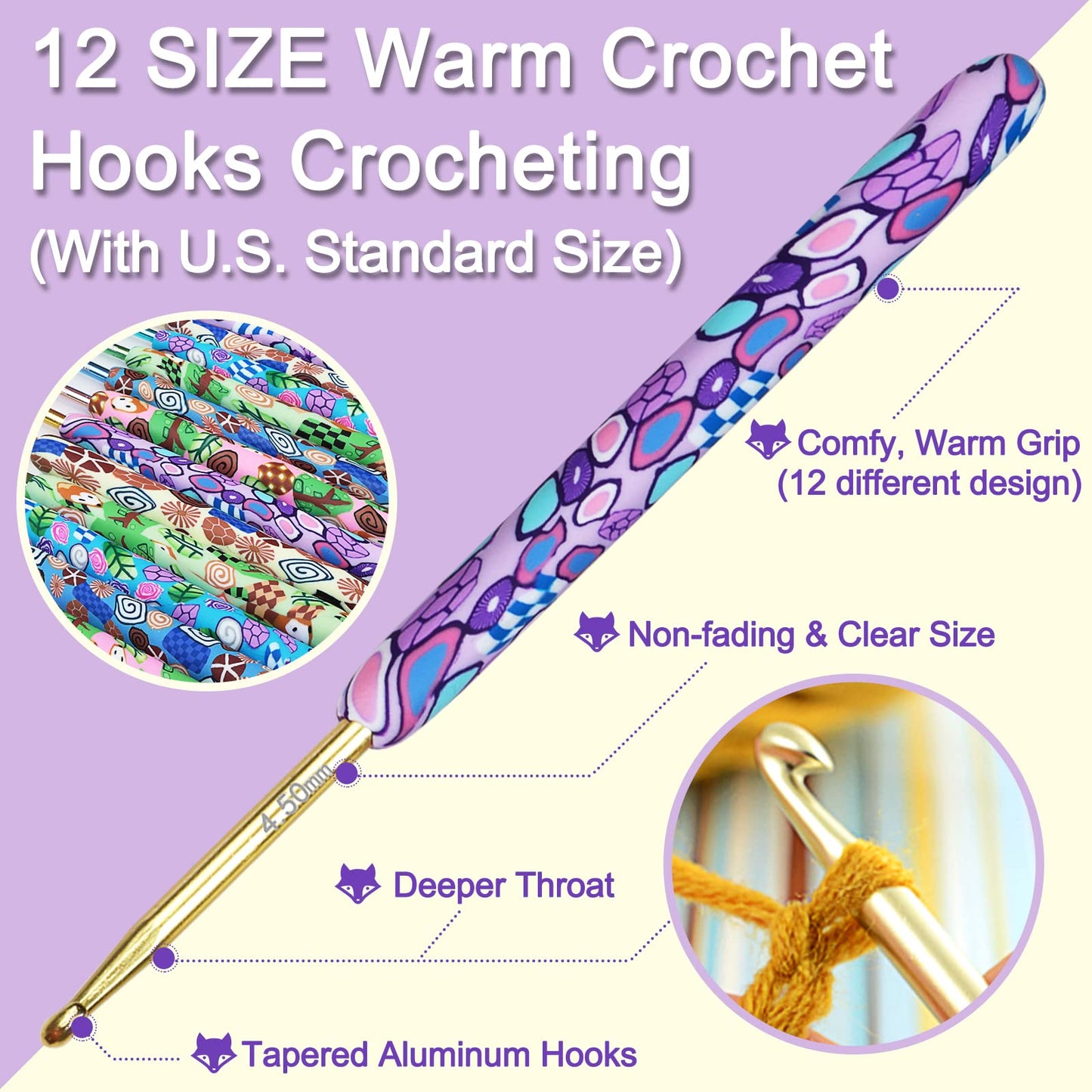 Warm Crochet Hooks Crocheting, Extra Long Crochet Hook Set for Arthritic Hands, 2.25mm to 8.0mm, 12 pcs Crochet Kit Ergonomic Grips for DIY Craft Yarn, Animal Pattern