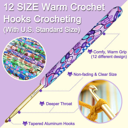 Warm Crochet Hooks Crocheting, Extra Long Crochet Hook Set for Arthritic Hands, 2.25mm to 8.0mm, 12 pcs Crochet Kit Ergonomic Grips for DIY Craft Yarn, Animal Pattern