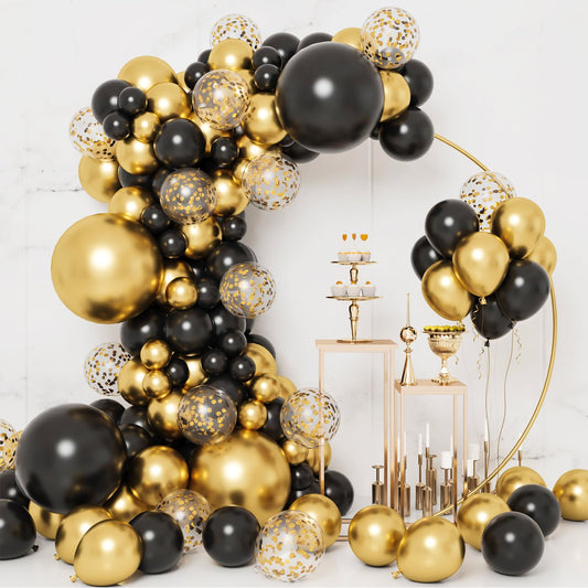 130pcs Black and Gold Balloons, Black Metal Gold and Metallic Confetti Gold Balloons for 2025 Graduation Class Decorations Retiremen Party Baby Shower Wedding Birthday Anniversary