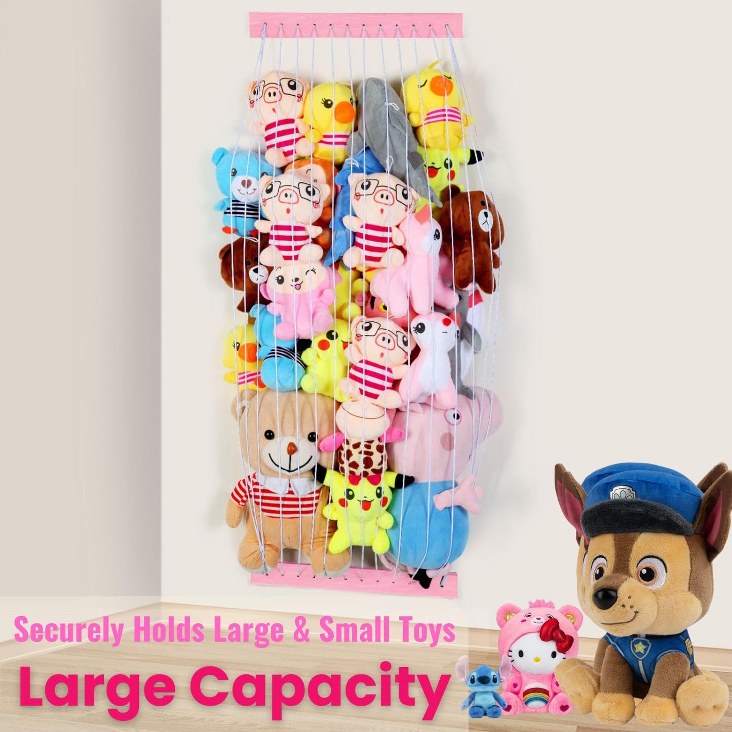 Stuffed Animal Storage Wooden Soft Toy Storage for Kids Room，Wall Mount Door Hanging Stuffed Animal Toy Organizer Shelf for Nursery Play Room Pink -Patent