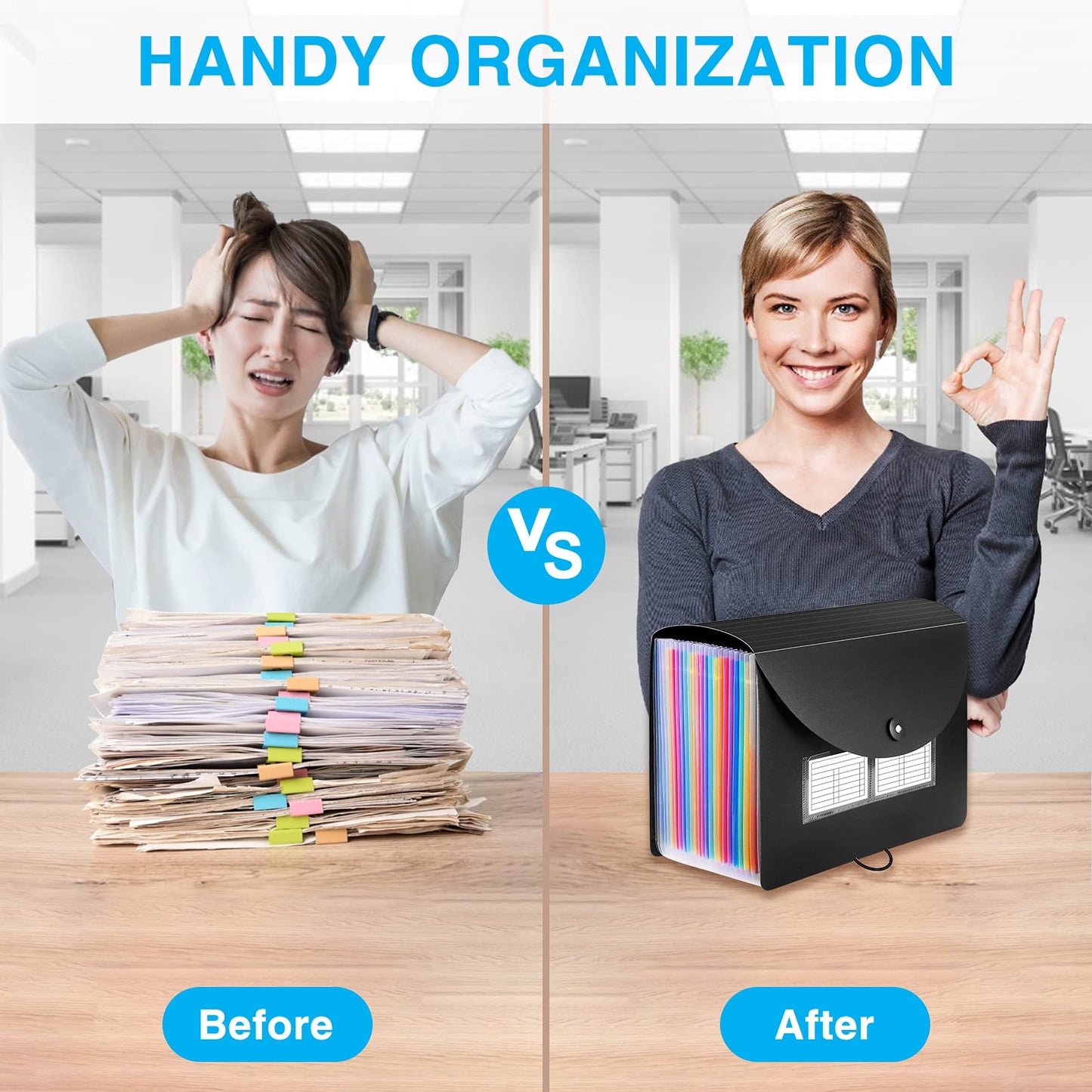 24 Pockets Expanding File Folder with Blank Labels, According File Organizer with Expandable Cover, Desktop Accordion Folders Letter A4 Paper Document Storage Organizer, Black