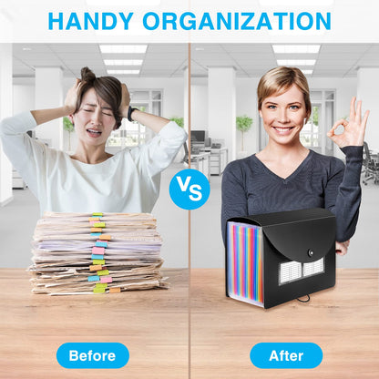 24 Pockets Expanding File Folder with Blank Labels, According File Organizer with Expandable Cover, Desktop Accordion Folders Letter A4 Paper Document Storage Organizer, Black