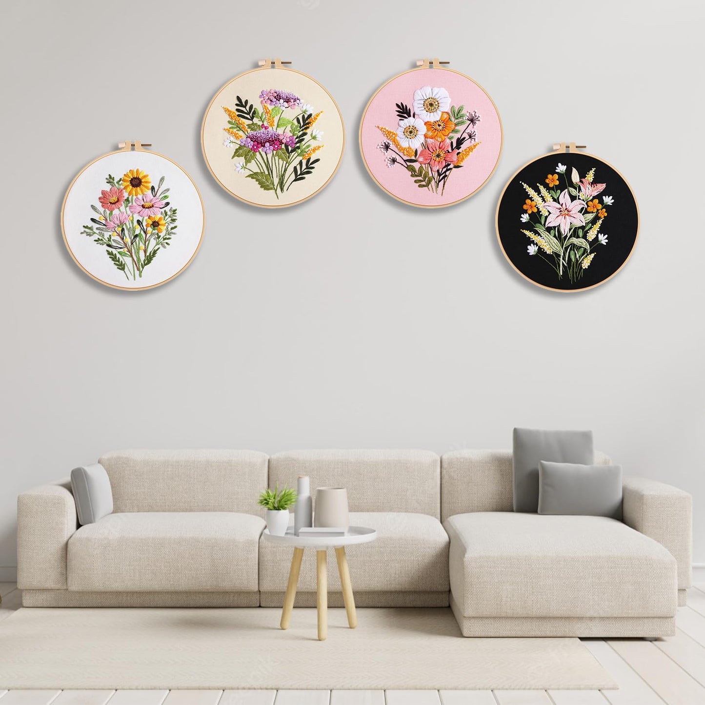 Flower Embroidery Kit for Beginners with Flower Pattern and Instructions,4 Pack Cross Stitch Kits,2 Wooden Embroidery Hoops,Threads and Needles,Needlepoint Kit for Adults