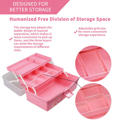 12in Three-Layer Multipurpose Storage Box Organizer Folding Tool Box/Art & Crafts Case/Sewing Supplies Organizer/Family First Aid organizer/Medicine Storage with 2 Trays (Pink)