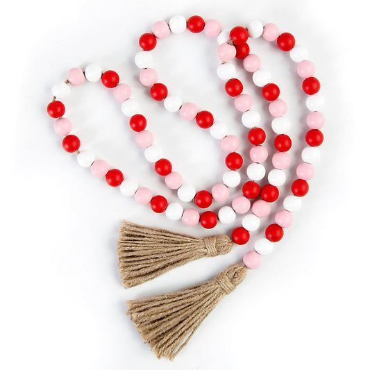 Valentine's Day Wood Bead Garland with Tassel,Rustic Wooden Bead Decor Farmhouse Beads Big Wall Hanging Decor (Pink/Red/White)