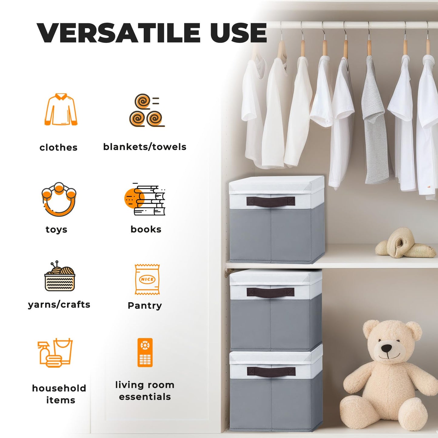 Large Storage Baskets Bins with Lids 4 Pack, Storage Baskets for Organizing Shelves Nursery Bedroom, Home Closet Organizers Cubes for Clothes Toys Blanket - Stackable & Sturdy -14x10x9.5