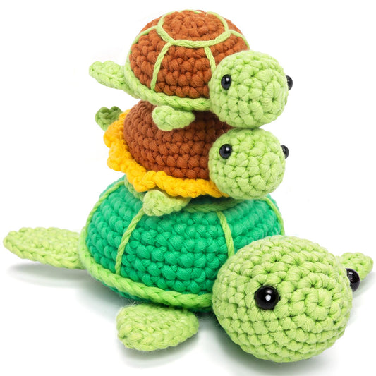 Beginner Crochet Kit with 40% Extra Yarn, Pre-Started Yarn & Video Tutorials - 3 Sea Turtles Craft Set for Adults & Kids