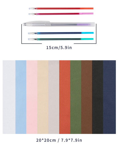 10 Pieces Embroidery Fabric, Including 10 Colors Embroidery Cotton Fabric, 5 Colors Water-Soluble Pens, 7.9 by 7.9 Inch