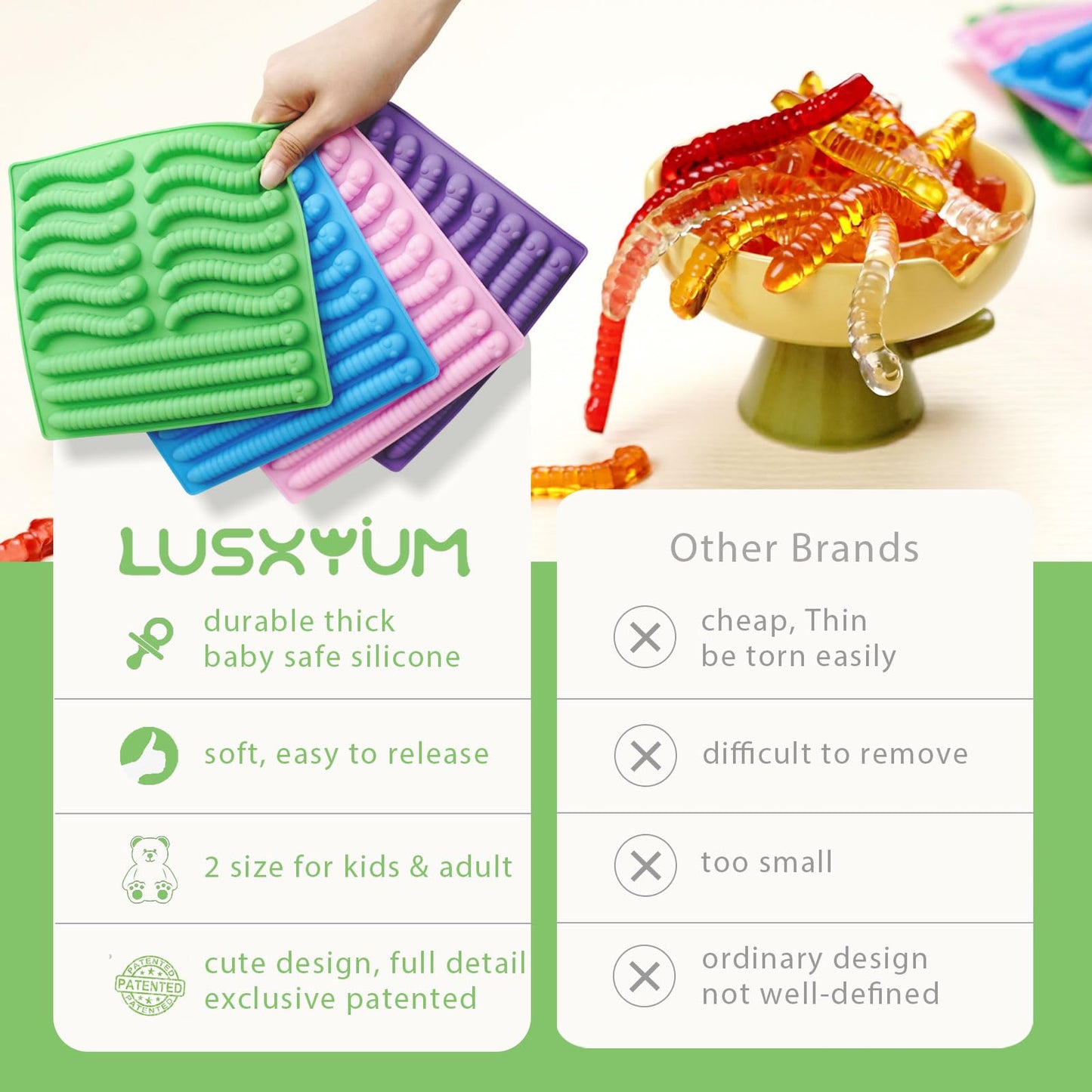 Gummy Worm Molds Silicone 6ML 14ML, 4PCS Non-Stick Silicone Large Worm Molds for Chocolate Gummy Candy 60 Cavity with 2 Droppers & Brush, Ideal Gift for Kids Adult Halloween Party