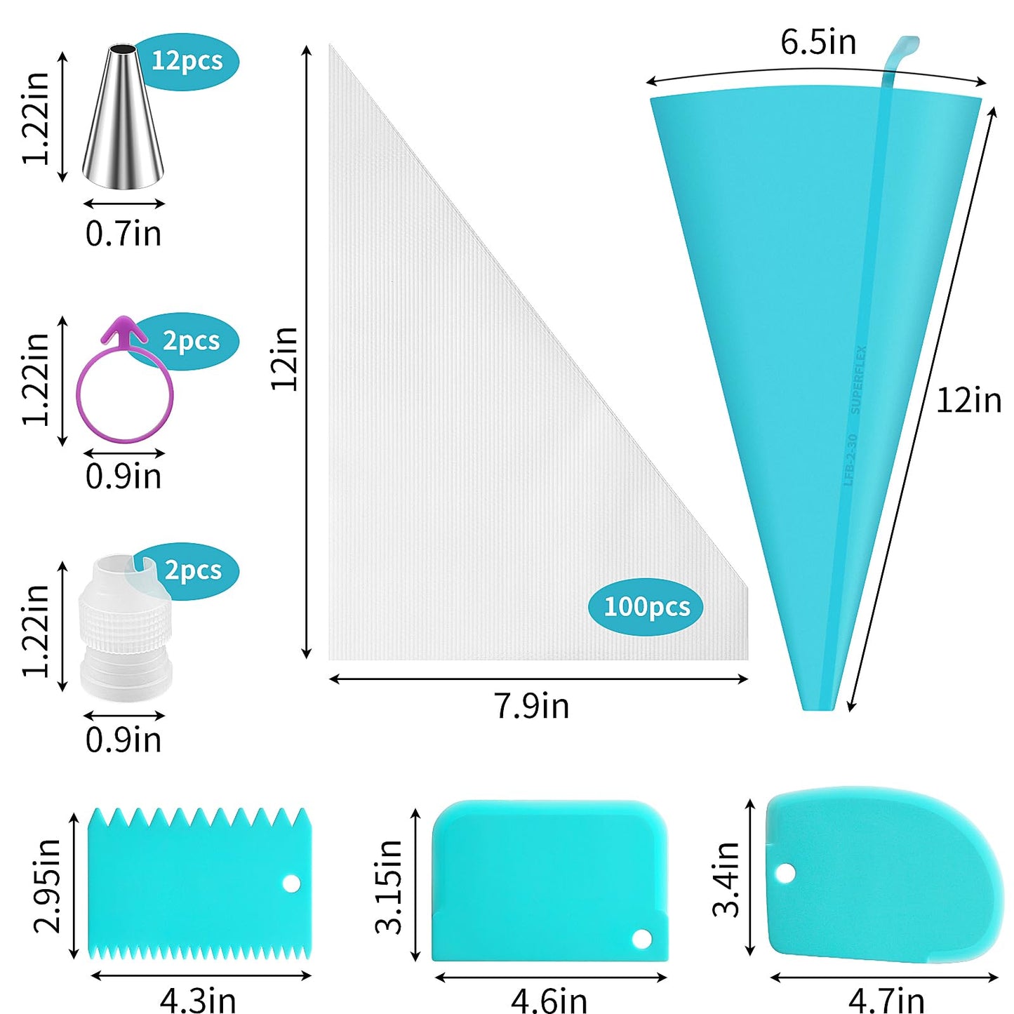Piping Bags and Tips Set -Ultimate Cake Decorating Supplies Kit - Included 100 Disposable Pastry Bags, 1 Reusable Silicone Bag, 2 Couplers, 12 Frosting Tips, 2 Ties, 3 Icing Scrapers for Baking