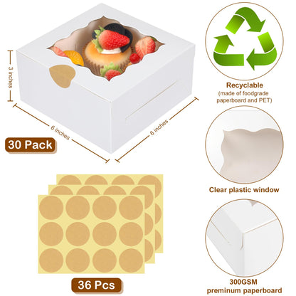 30 Pcs White Bakery Boxes with Window, 6 X 6 X 3 Inches, White Paperboard Treat Boxes for Cookies, Pastry, Cookies, Strawberries, Macarons