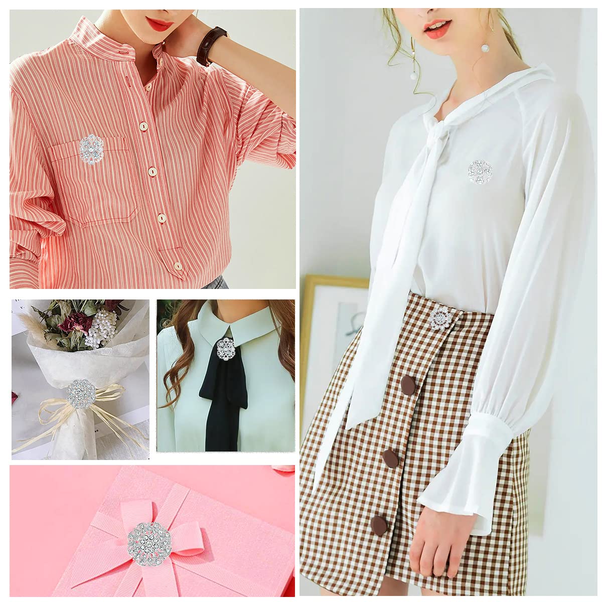 36 Pieces Crystal Rhinestone Flower Brooches for DIY Craft Party (Silver 36pcs)