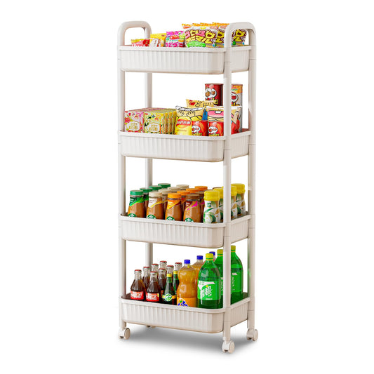 4 Tier Rolling Carts with Wheels, Utility Cart with Handle and Locking Caster, Storage Cart for Kitchen, Office, Bedroom, Suitable for Diaper, Art Tools, Snack, Craft Storage Cabinet, White