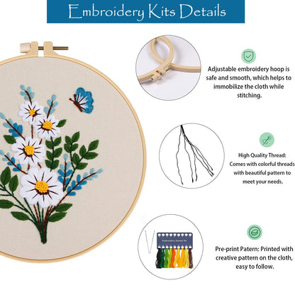 Embroidery Kit for Beginners,Cross Stitch Kits for Adults DIY Craft 3pcs Embroidery Pattern Needlework Fabric Embroidery Thread and Needles 1pcs Embroidery Hoop Adult Stitch Stuff Sewing Kit Gift