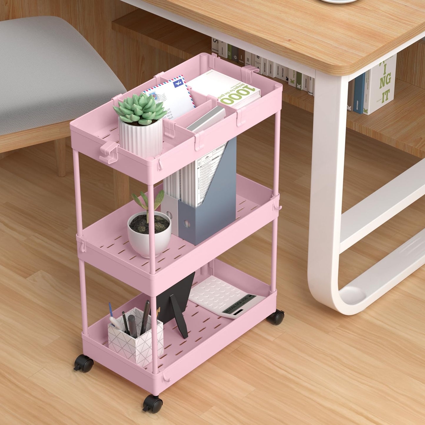 3 Tier Rolling Cart with Wheels, Storage Craft Art Trolley Organizer Serving, 3 Hanging Baskets Easy Assembly, for Office, Living Room, Kitchen, Pink