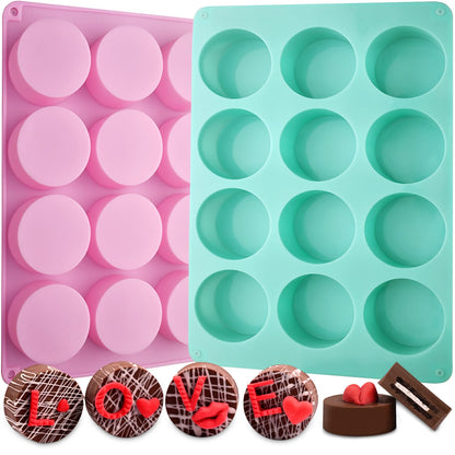 Round Chocolate Cookie Molds, New Size 12-Cavity Cylinder Chocolate Cover Cookie Silicone Molds for Candy Mini Cakes Jelly Baking（2 Pack）