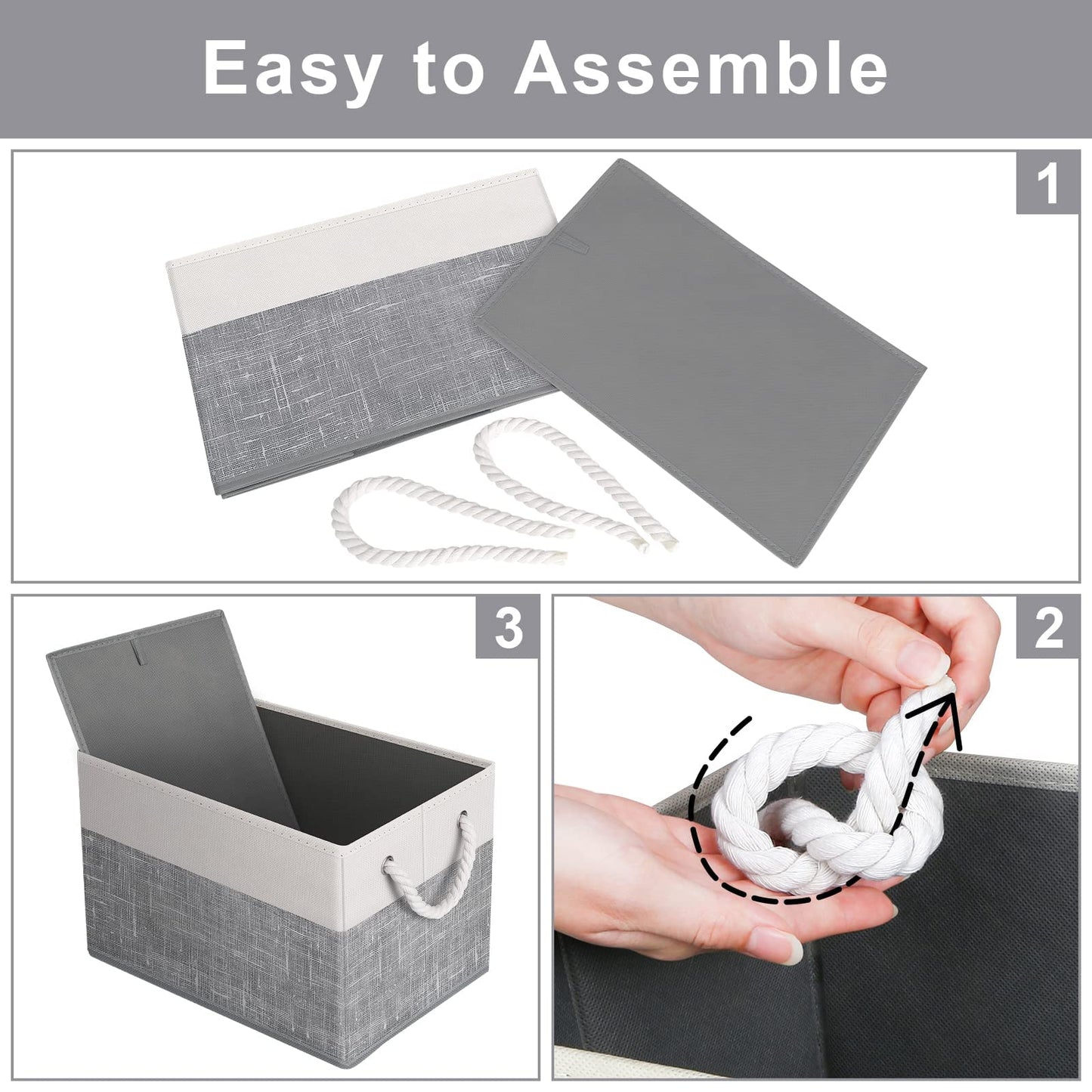 Storage Bins [3-Pack], Foldable Storage Baskets for Organizing Toys, Books, Shelves, Closet, Large Storage Box with Rope Handles, Sturdy Organizer Bins, White & Grey