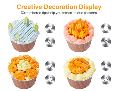 42pcs Piping Bags and Tips Set, Cake Decorating Supplies Kits for Baking with 30 Numbered Frosting Icing Tips, 2 Reusable Pastry Bags, Easy Carry Storage Box and Other Baking Tools