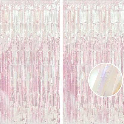 Party Decorations Iridescent Foil Fringe Backdrops - 2 Pack 3.2 x 6.5 ft Holographic Tinsel Photo Booths Pros Streamer Curtains for Easter Girl Birthdays Engagement Unicorn Parties - Clear