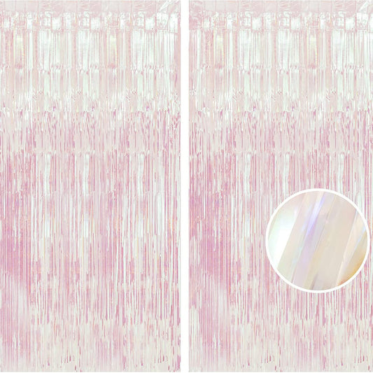 Party Decorations Iridescent Foil Fringe Backdrops - 2 Pack 3.2 x 6.5 ft Holographic Tinsel Photo Booths Pros Streamer Curtains for Easter Girl Birthdays Engagement Unicorn Parties - Clear