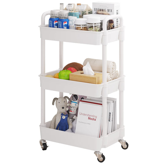 3-Tier Rolling Utility Cart with 12 Category Labels,Multifunctional Storage Shelves with Handle and Lockable Wheels for Room,Office,Kitchen,Bathroom,White
