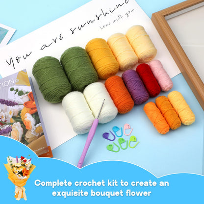 Crochet Kit for Beginners, Flower Bouquet Crochet Kit Rose, Knitting Starter Kit with Crochet Yarn and Step-by-Step Instructions for Birthday, Wedding Anniversary Day Present