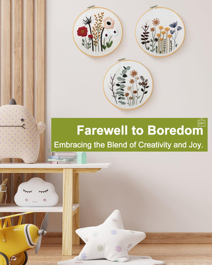 3 Sets Embroidery Kit,Cross Stitch Kits for Beginners,Needlepoint Kits for Adults with Easy Floral Pattern Hand Crafts,Hoop,Needle,Mothers Day Gifts