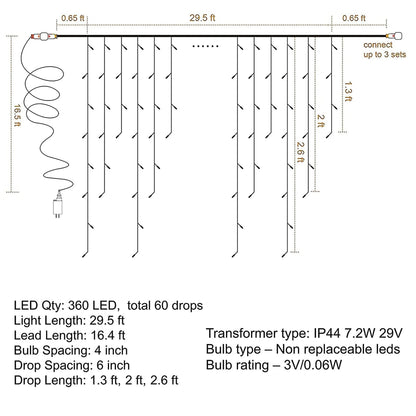 360 LED Christmas Icicle Lights, 29.5 FT 8 Modes Curtain Fairy Lights with 60 Drops, Connectable Xmas String Lights for Outside Holiday Wedding Party Decorations (White)