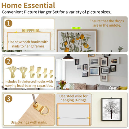 Picture Hanging Assortment Kit, 330PCS Picture Hanging Kit, Picture Hangers, Picture Hanging Hooks, with Sawtooth, Screw Eyes, D Rings, Nails, Screws, Steel Wire,10-100lb Frame Hanging Hardware