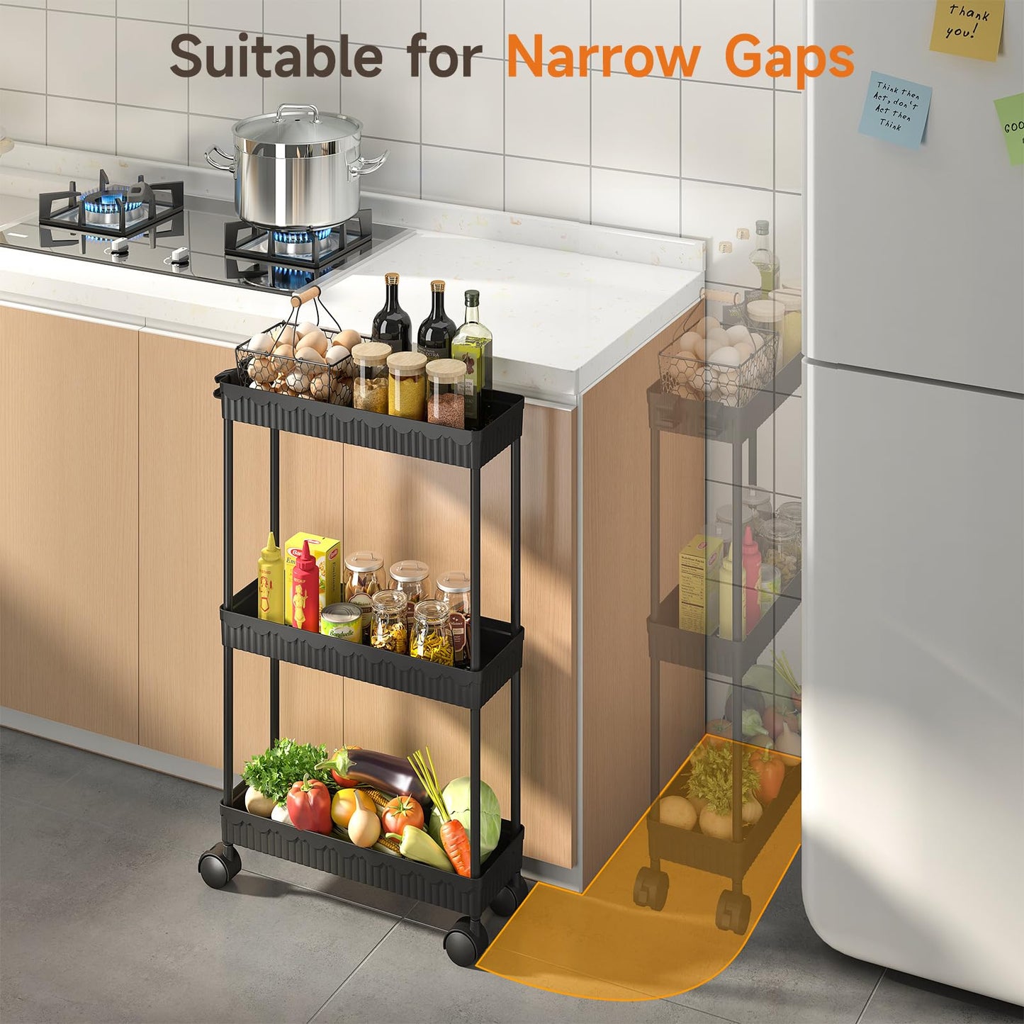 2-Pack Slim Storage Rolling Cart with Wheels, 3 Tier Utility Carts Bathroom Organizers and Storage, for Kitchen Narrow Place, Freely Combined into 3/4/5/6 Tier Shelves (Black, 3 Tier)