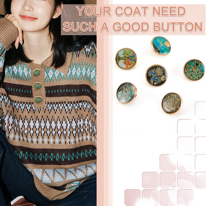 24pcs 6 Styles Enamel Shank Buttons - 18mm Alloy, Tree Theme, Green, Gold, Vintage, Round, for DIY Sewing Crafts