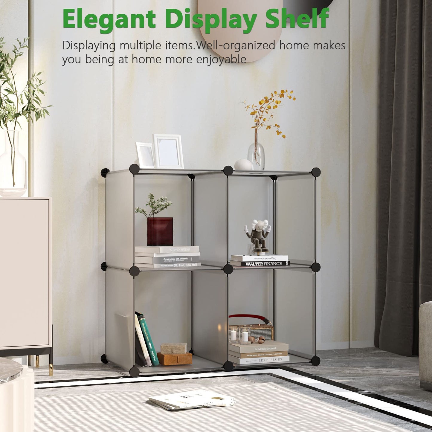 Cube Storage Organizer, 4-Cube Shelves Units, Closet Cabinet, DIY Plastic Modular Book Shelf Ideal for Bedroom, Living Room, Office, 24.8" L x 12.4" W x 24.8" H Grey UPCS04G