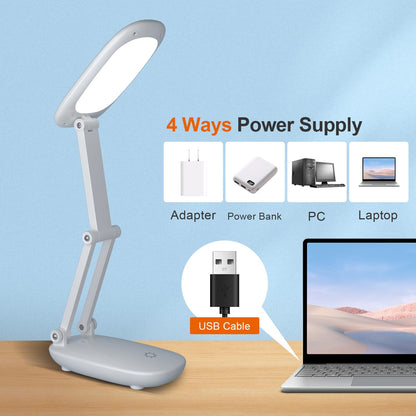 LED Desk Lamp for Office Home & Battery Operated Lamp Rechargeable Lamp Foldable & Portable Light, [2-Fold Bracket] 3 Brightness Dimmable Small Desk Lamp Wireless Reading Lamp (White)