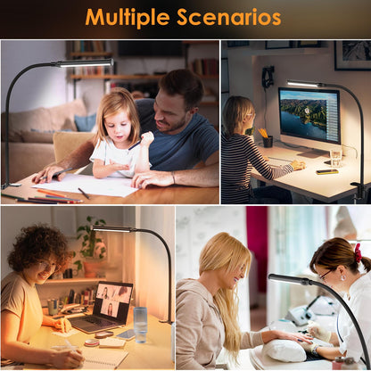 LED Desk lamp with Clamp, Eye-Caring Clip Lights for Home Office, 3 Colors Full Brightness, Flexible Gooseneck USB Adapter Table Lamp, Black