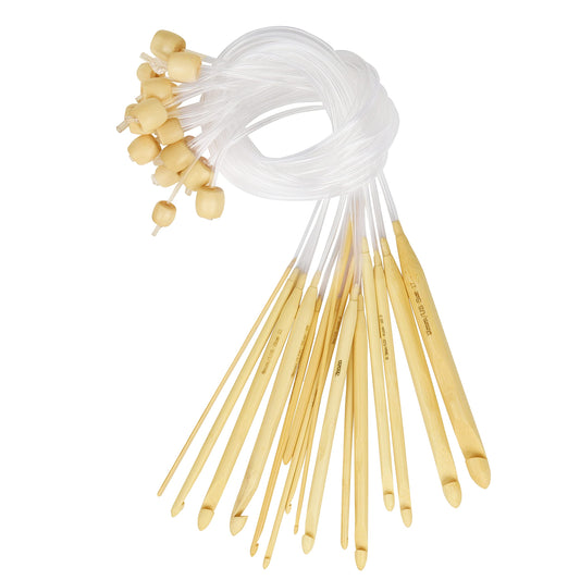 Bamboo Wood Crochet Hooks with Plastic Cable (16 Pairs) - 2-12mm Sizes - Tunisian Hook Needles Set with Bead Ends - for Knitting Yarn, Weave Craft and Crocheting Projects
