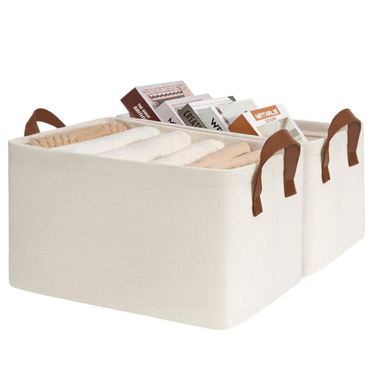 Storage Bins for Shelves, Closet Bins for Organization, Collapsible Storage Baskets for Towels, Rectangle Basket for Bedroom, 14 ¾" L x 10 ¼" W x 8 ¼" H, Beige, 2-Pack