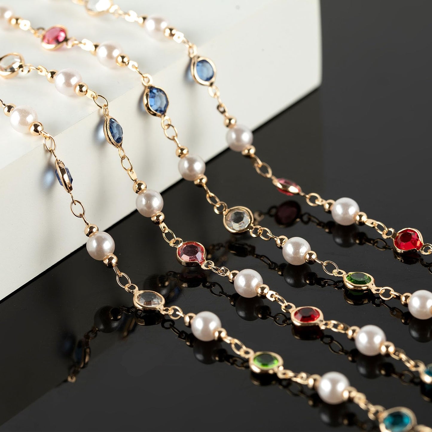 3 Meters Pearl Chains for Jewelry Making, Mixed Color Rhinestone Beaded Chains Bulk with Jump Rings and Lobster Clasps for Crafts DIY Supply Findings