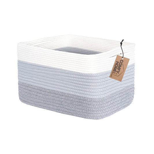 Cotton Rope Woven Basket with Handles for Shelves,Toys,Book, Cloth Storage Baskets Bin for Organizing-13.5"x11"x9.5" Toy Decorative Organizer for Living Room, Bathroom-White/3Tone Grey