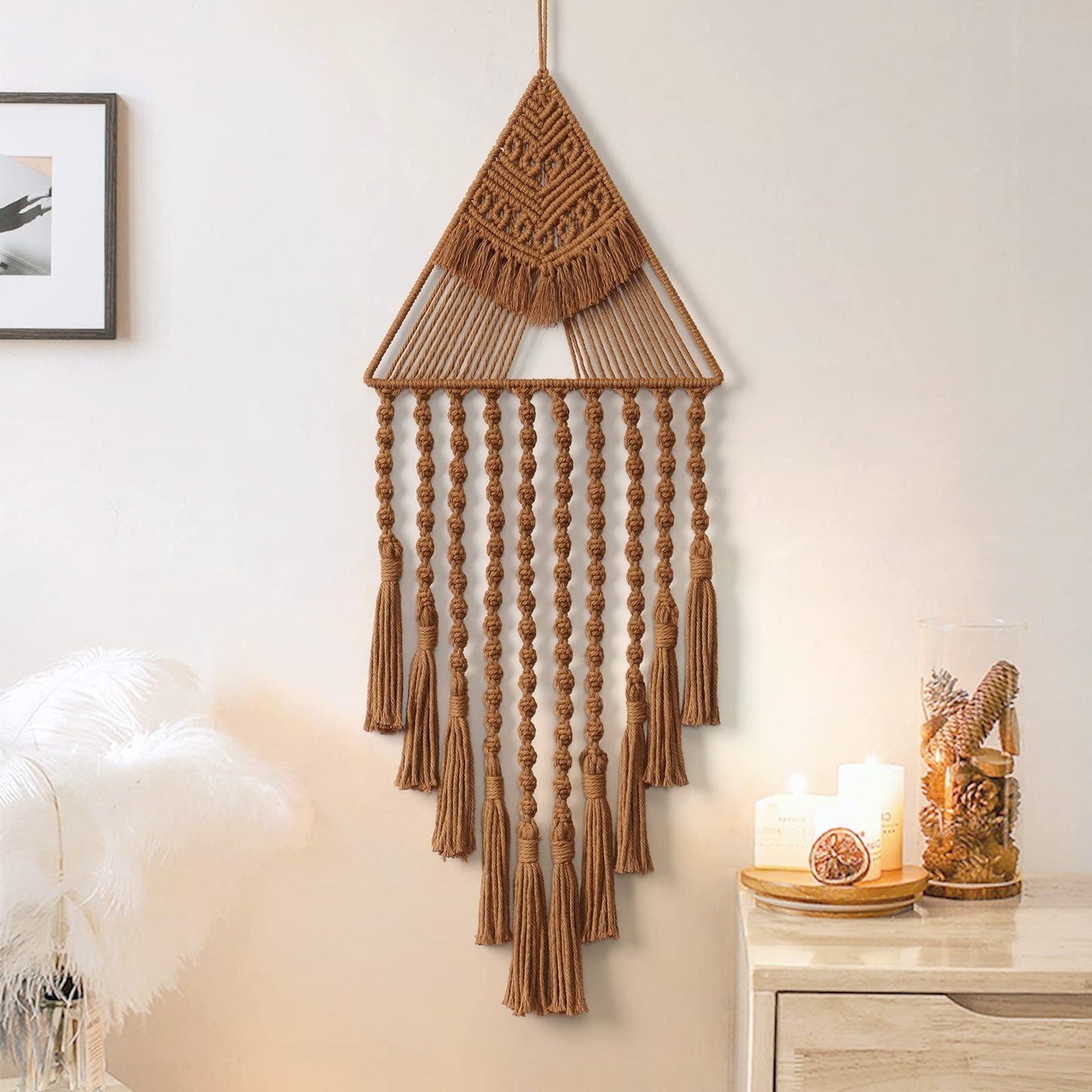 Macrame Woven Wall Hanging Dream Catcher Triangle Tassel Geometric Art Boho Backdrop Bohemian Home Decor Wall Art Beautiful Apartment Dorm Room Door Decoration(Brown)