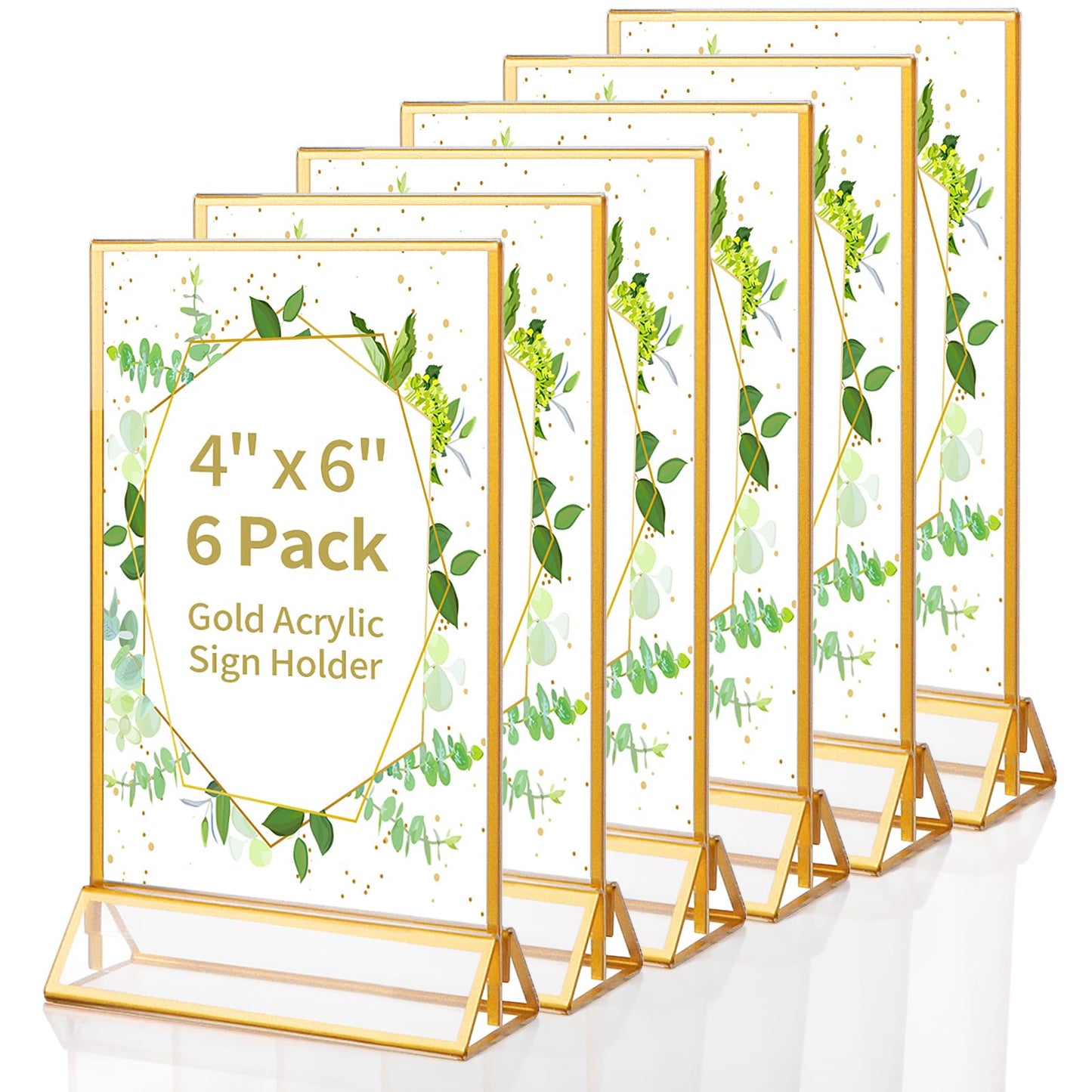 Gold Acrylic Sign Holder 4X6 inch, 6 Pack Wedding Table Number Frames Vertical , Double Sided Display Gold Picture Frame, Clear Menu Holders for Wedding Reception, Party Decoration