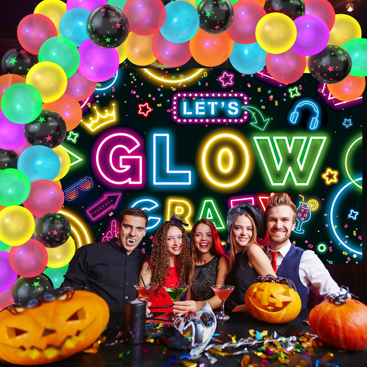 Neon Glow Party Decorations Glow in the Dark Party Supplies 60Pcs UV Blacklight Luminous Neon Balloons Arch Kit and Let's Glow Crazy Decorations Backdrop for Birthday Sleppover Decor